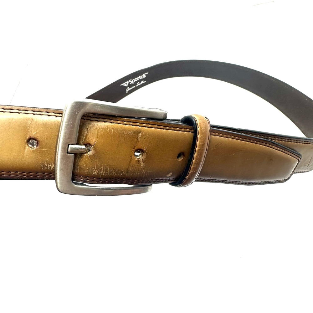 Sportoli Mens Tan Brown Genuine Leather Belt Silver Buckle Size 46 Classic Dress